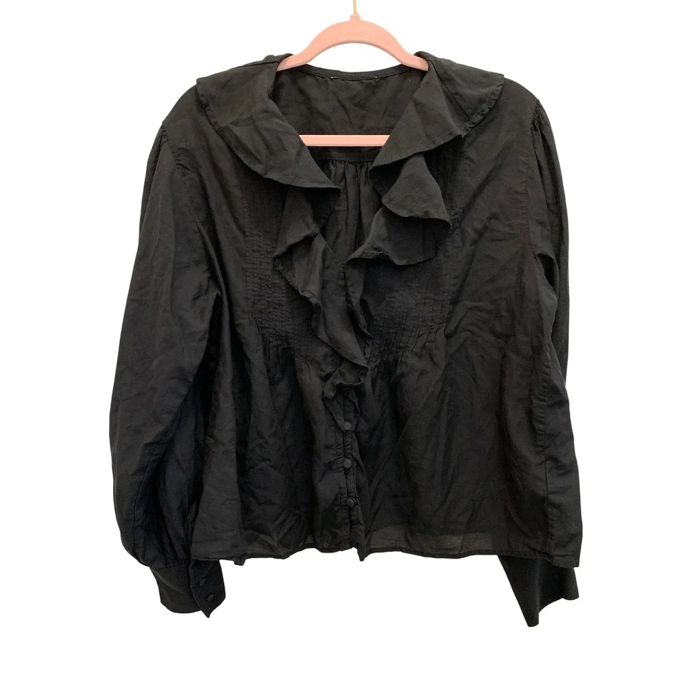 J.Crew Women S Black Ruffle Collar Pintuck Cotton Victorian Dark Academia Top
